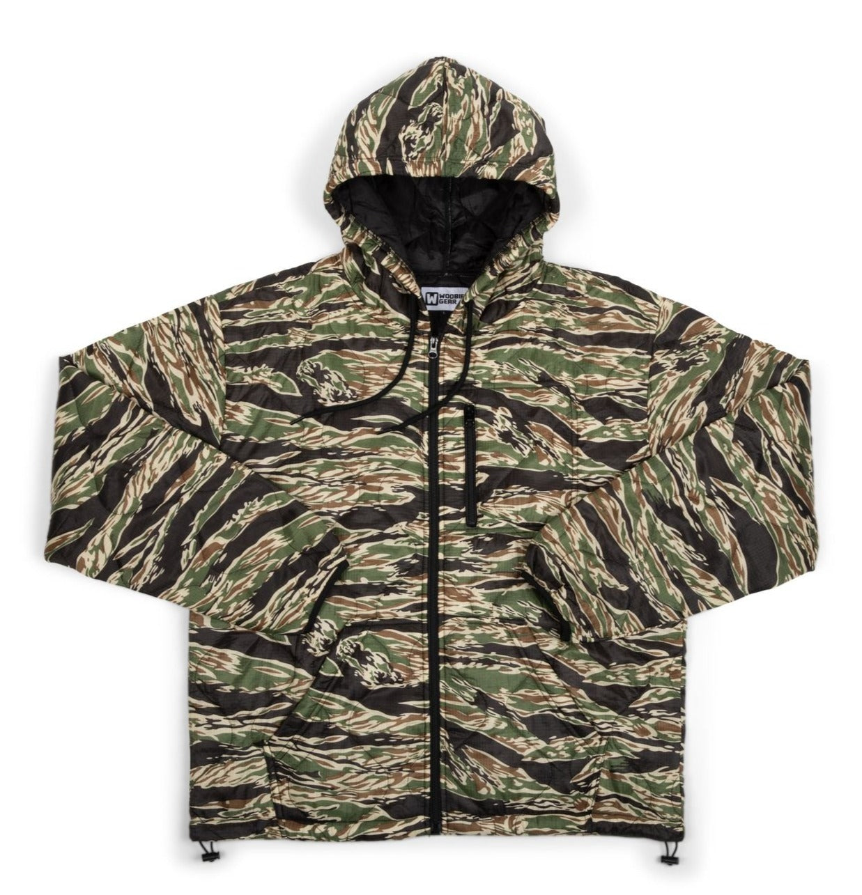 Camouflage jacket with a hood on a white background