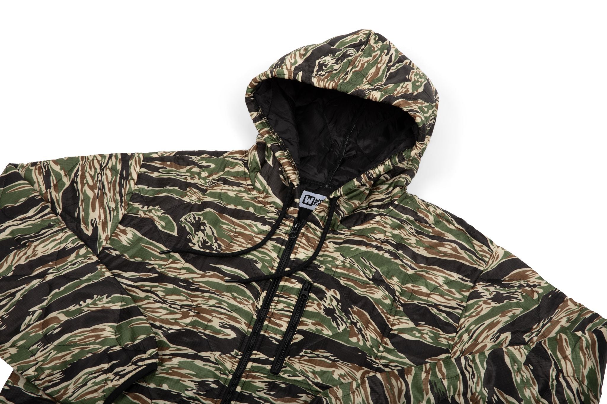 Camouflage-patterned hooded jacket on a white background