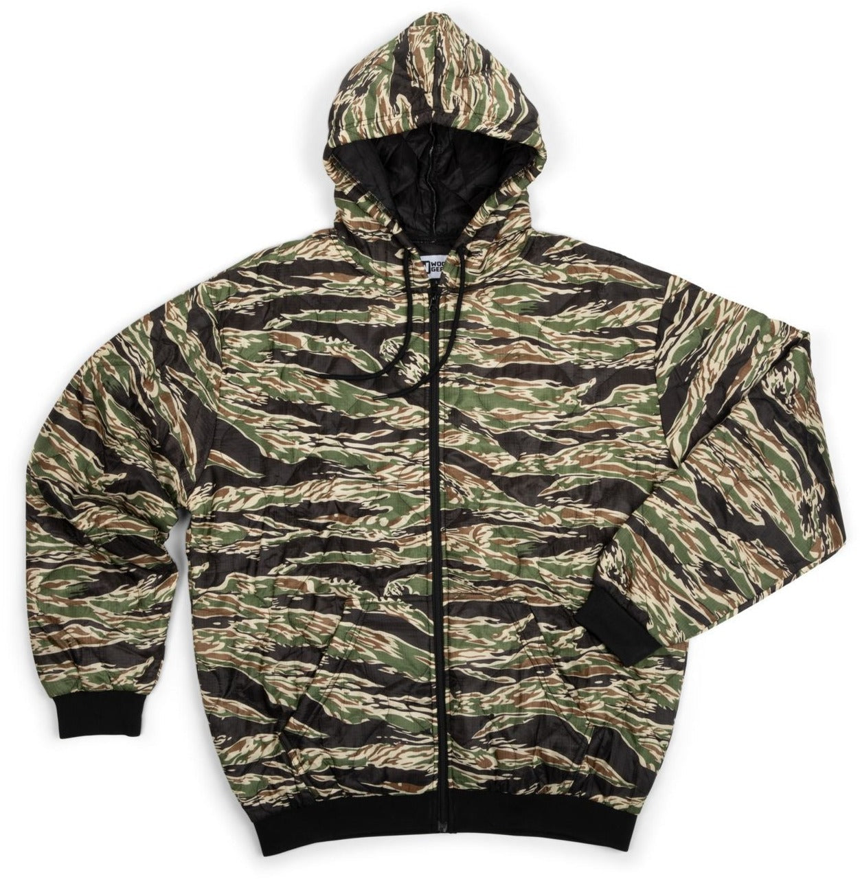Camouflage hoodie with black accents on a white background
