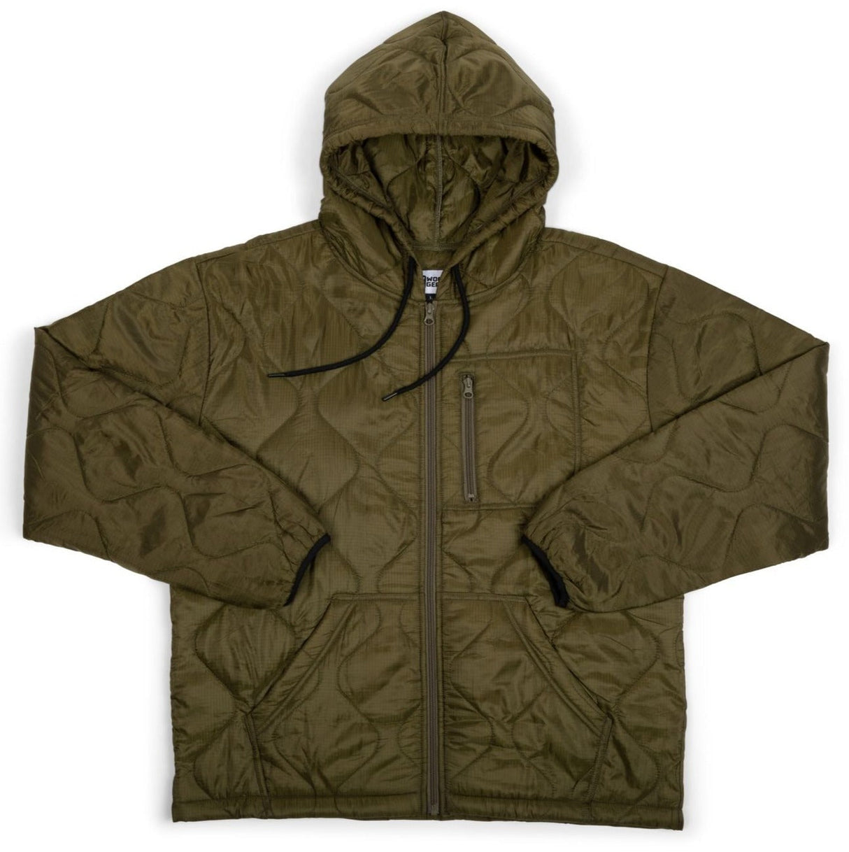 Quilted green jacket with a hood on a white background