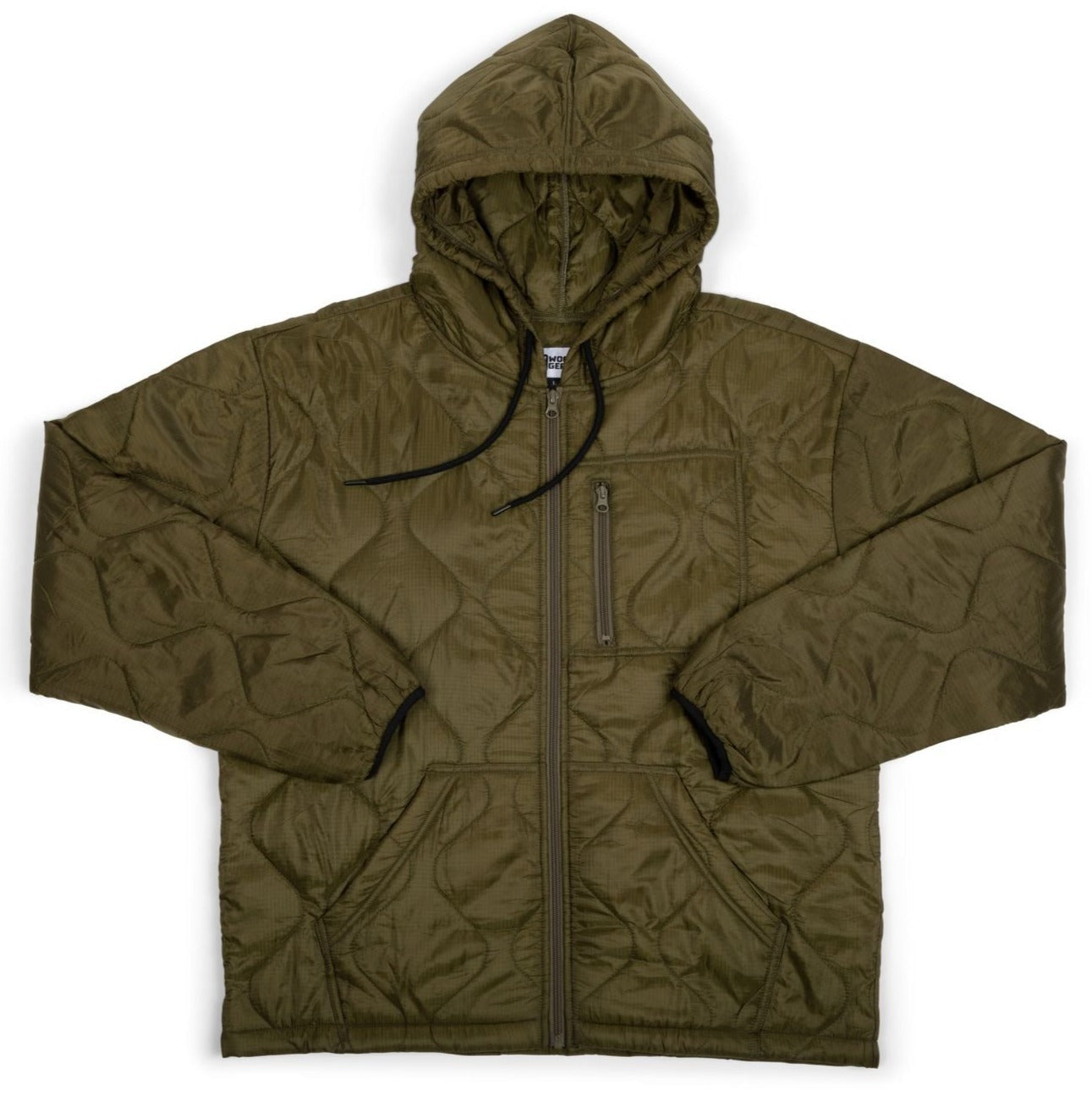 Quilted green jacket with a hood on a white background