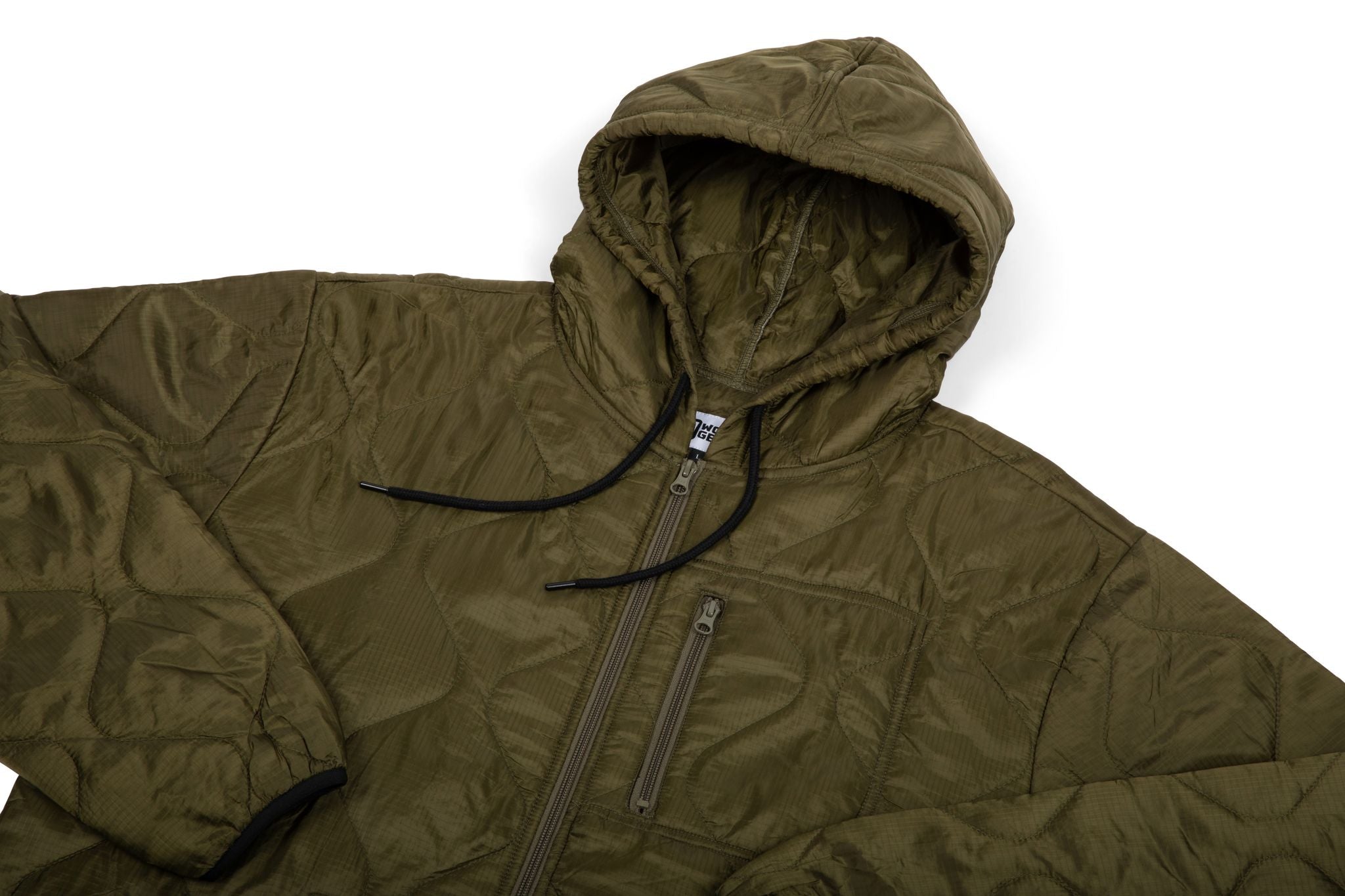 Green hooded jacket with a zipper on a white background