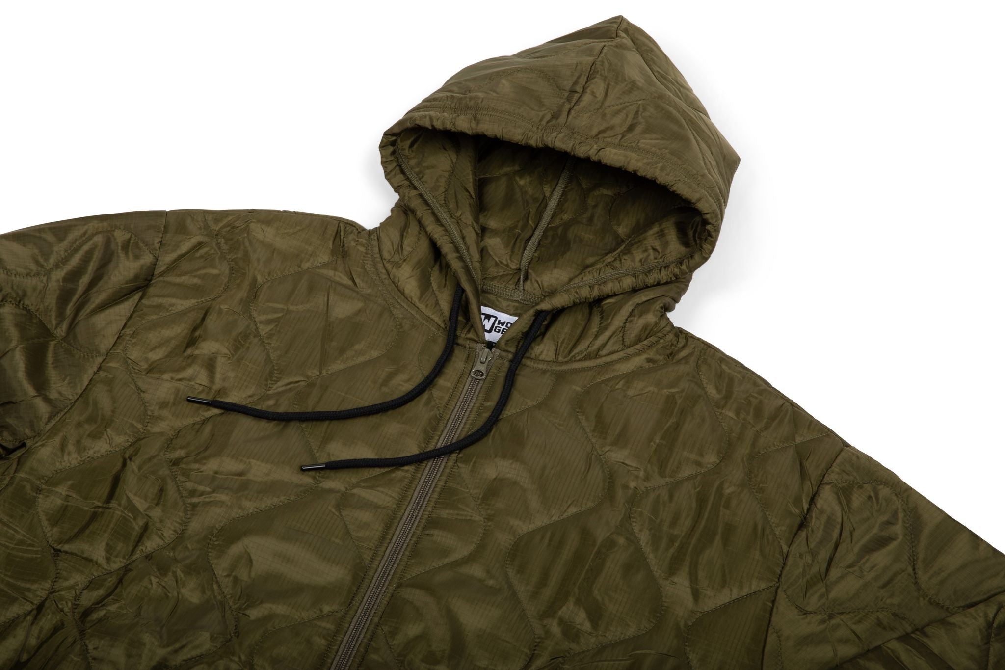 Green hooded jacket with a brand logo on a white background