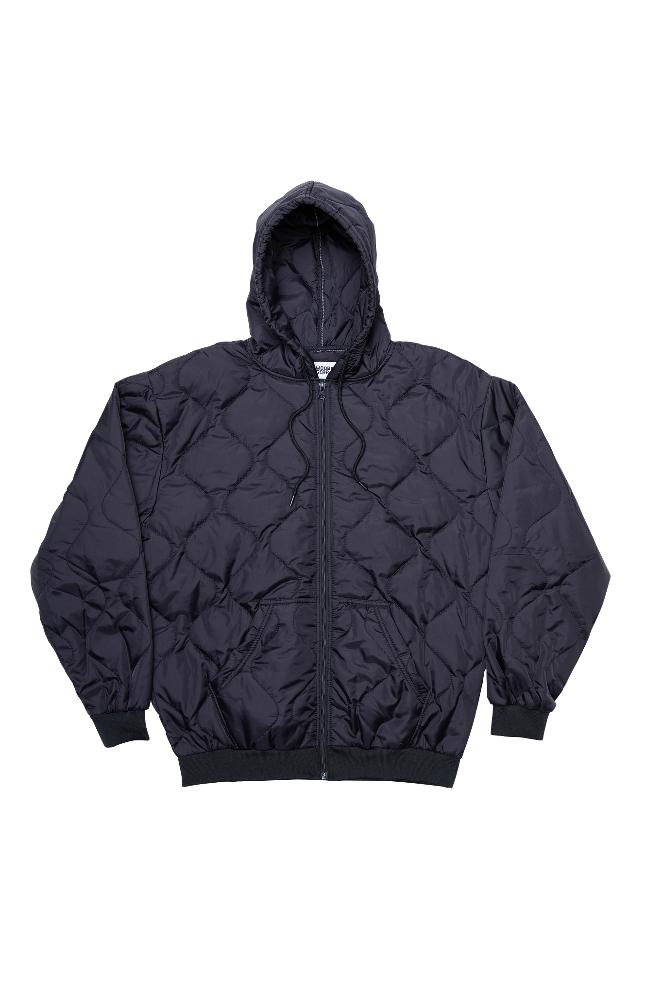 Black quilted jacket with a hood on a white background