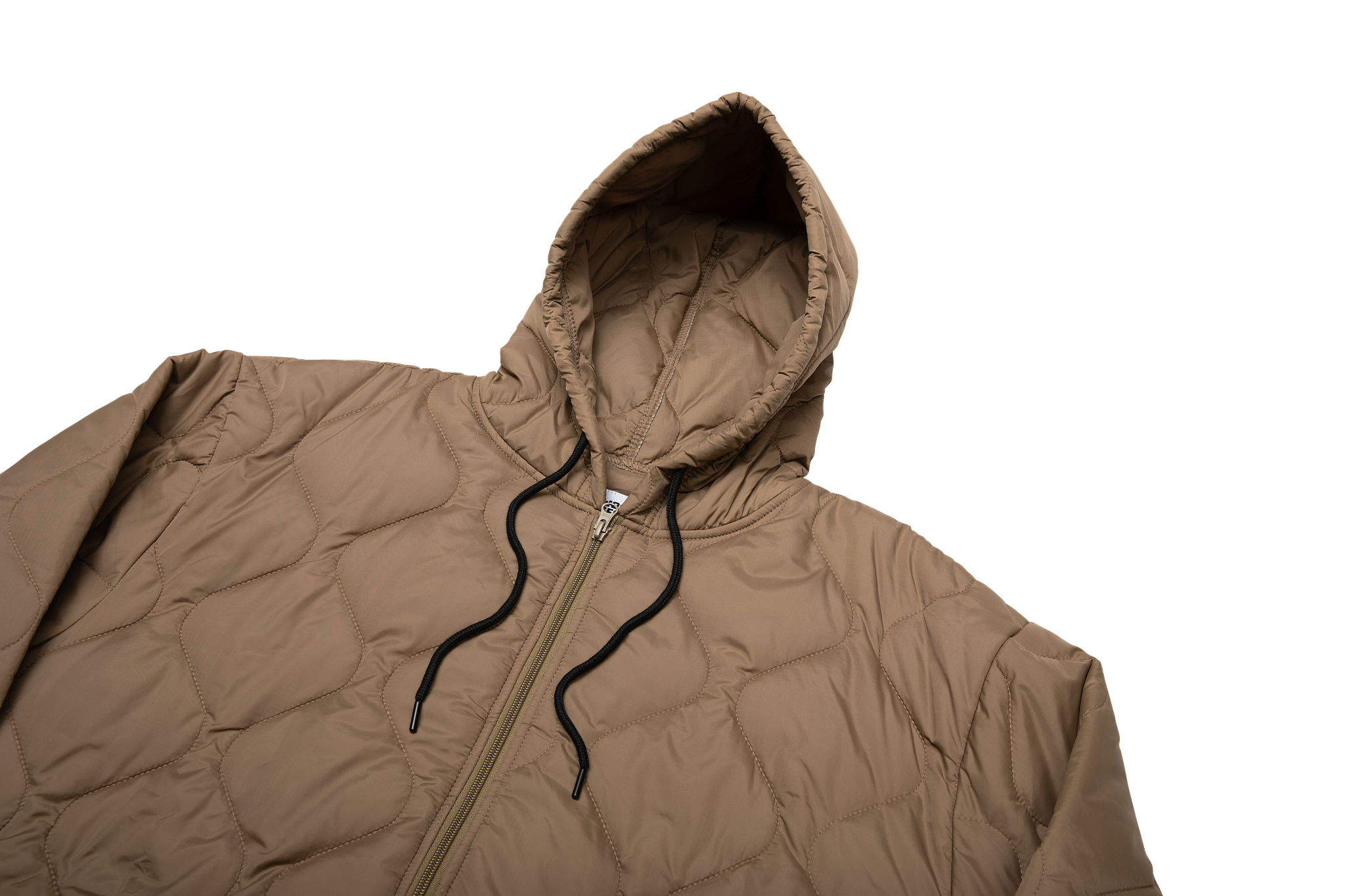 Brown quilted jacket with a hood on a white background