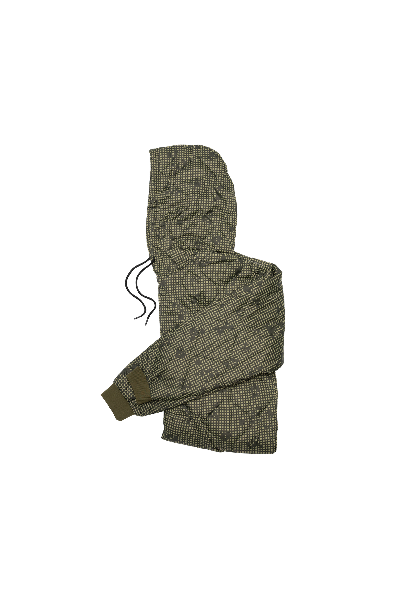 Green quilted jacket with pattern on a white background