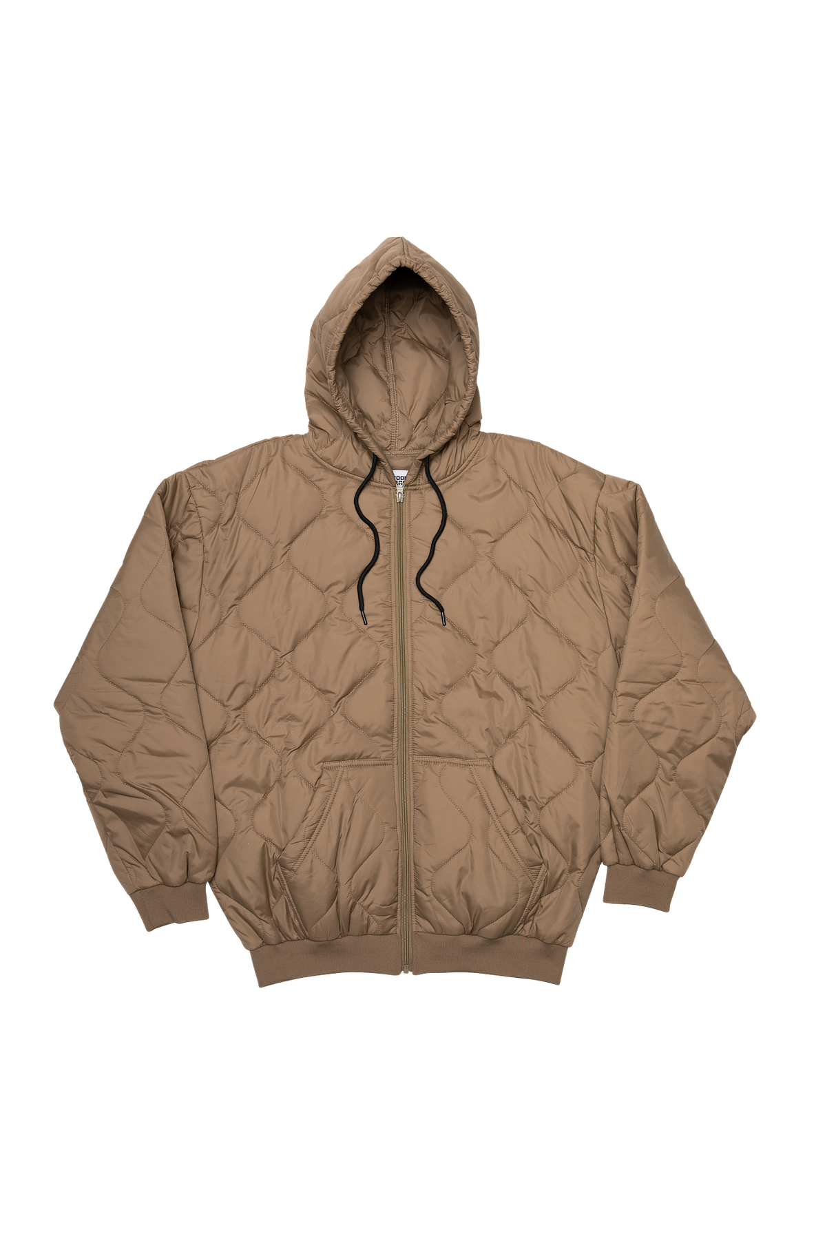 Brown quilted jacket with a hood on a white background