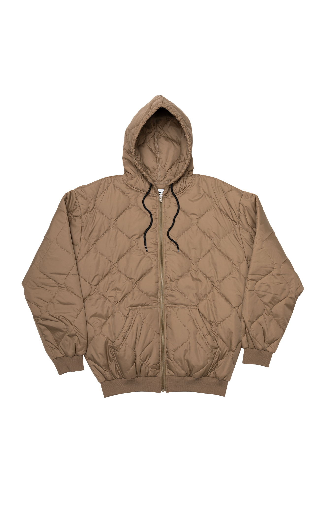 Brown quilted jacket with a hood on a white background