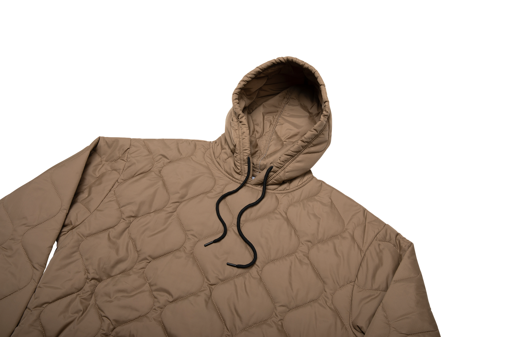 Brown quilted jacket with a hood on a white background