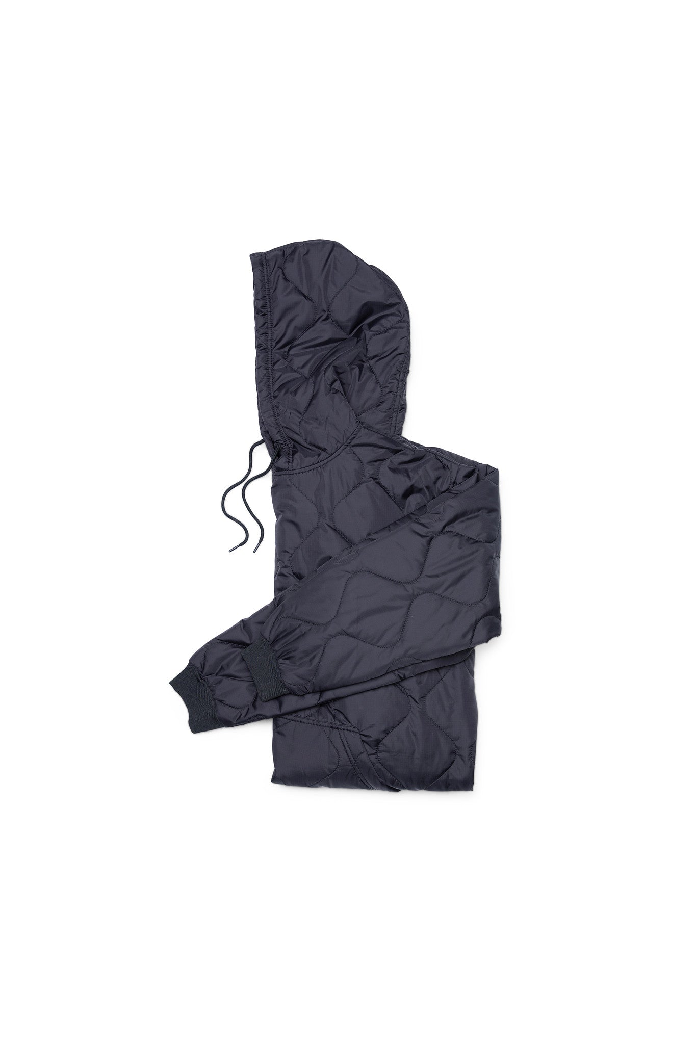 Black quilted jacket with a hood on a white background