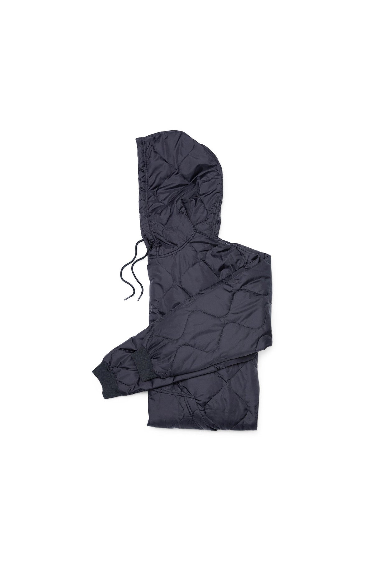 Black quilted jacket with a hood on a white background
