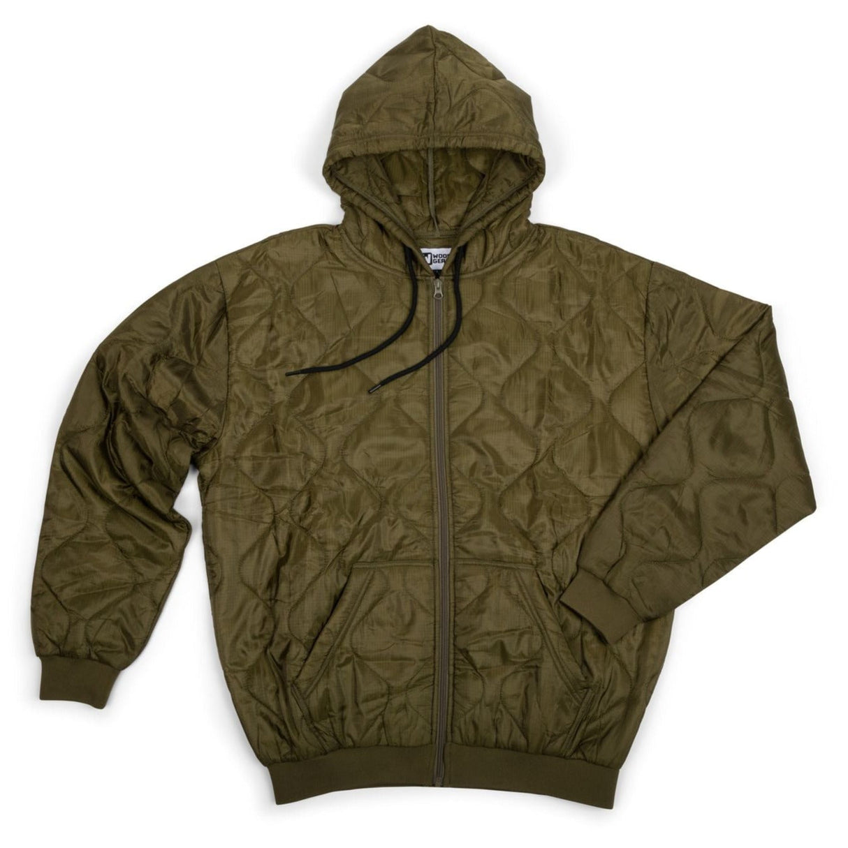 Green quilted jacket with a hood on a white background