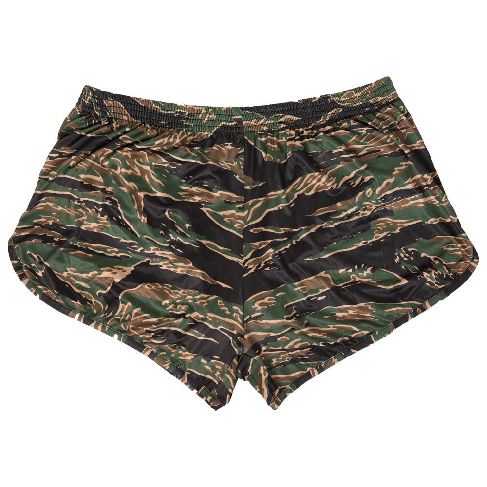 Camouflage-patterned shorts on a white background