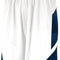 White shorts with navy blue accents on a white background