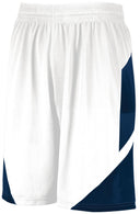 White shorts with navy blue accents on a white background