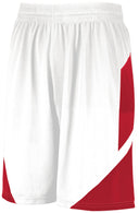 White athletic shorts with red accents on a white background