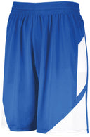 Blue athletic shorts with a white stripe on a white background