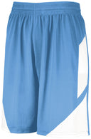 Light blue athletic shorts with a white stripe on a white background