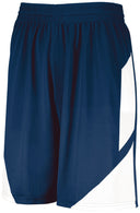 Navy blue shorts with white side panels on a white background