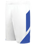 White shorts with a blue diagonal stripe on a white background