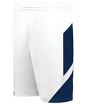 White shorts with a navy blue diagonal stripe on a white background