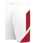 White shorts with a red diagonal stripe on a white background