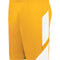 Yellow shorts with a white side panel on a white background