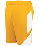 Yellow shorts with a white side panel on a white background