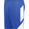Blue athletic shorts with a white side panel on a white background