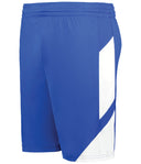 Blue athletic shorts with a white side panel on a white background