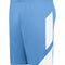 Blue athletic shorts with a white stripe on a white background