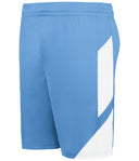 Blue athletic shorts with a white stripe on a white background