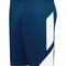 Navy blue shorts with a white side panel on a white background
