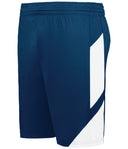 Navy blue shorts with a white side panel on a white background