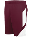 Maroon shorts with a white side panel on a white background