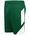 Green shorts with a white side panel on a white background