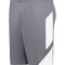 Gray shorts with a white side panel on a white background