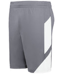 Gray shorts with a white side panel on a white background