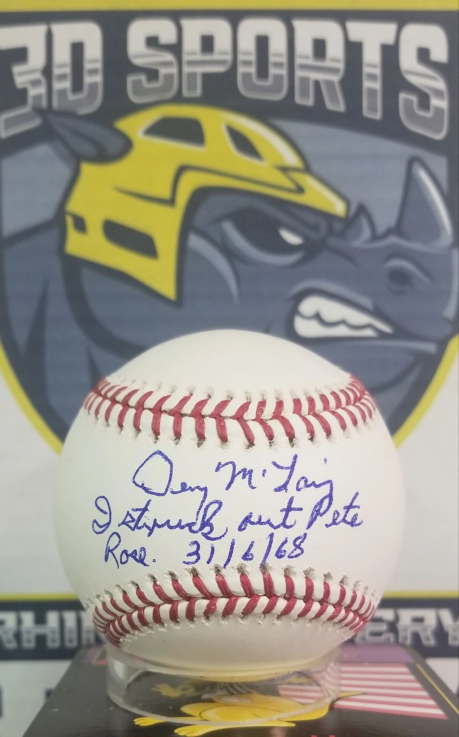 Denny McClain Signed Baseball W/JSA COA Inscribed "I struck out Pete Rose 31/6/68"