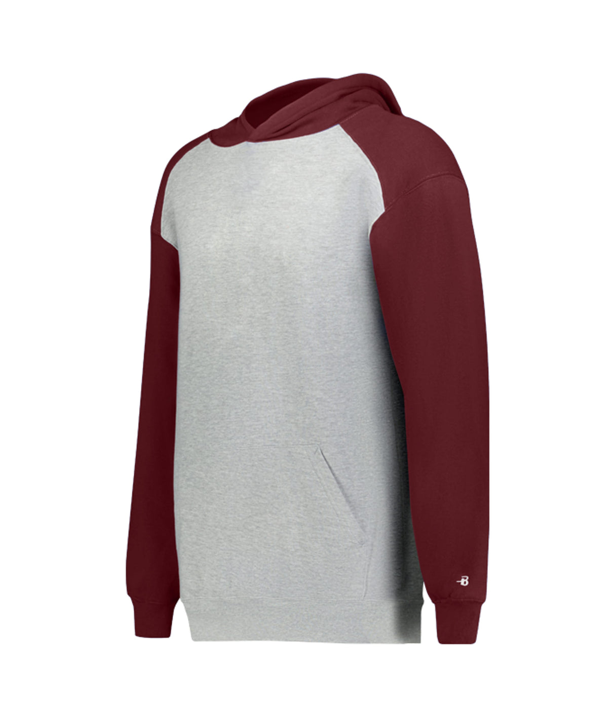 Hoodie with gray body and red sleeves on a white background