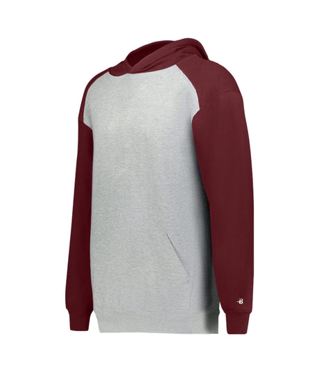 Hoodie with gray body and red sleeves on a white background
