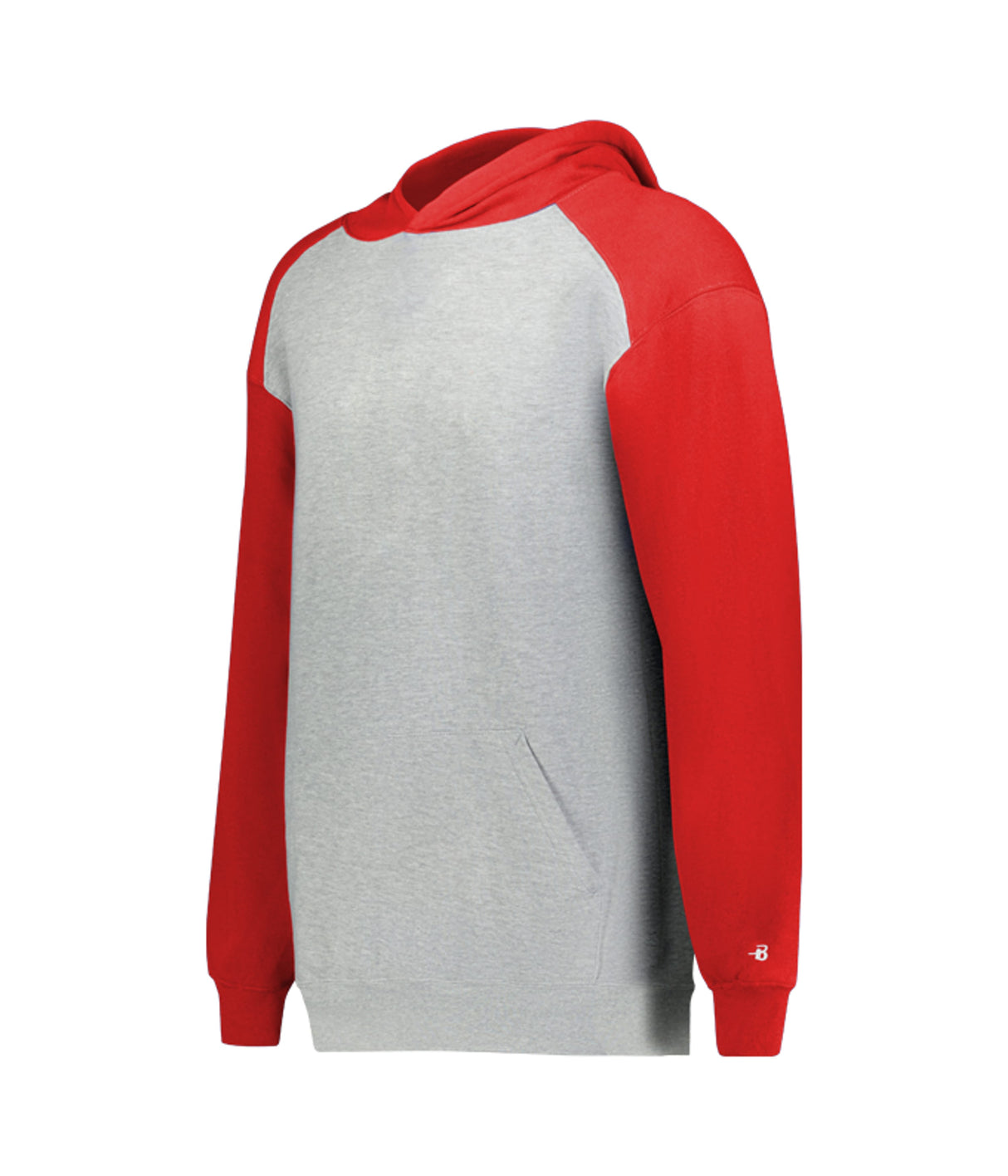 Hoodie with red sleeves and gray body on a white background