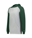 Hoodie with gray body and green sleeves on a white background