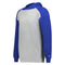 Hoodie with blue sleeves and gray body on a white background
