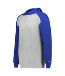 Hoodie with blue sleeves and gray body on a white background