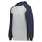 Hoodie with gray body and navy sleeves on a white background