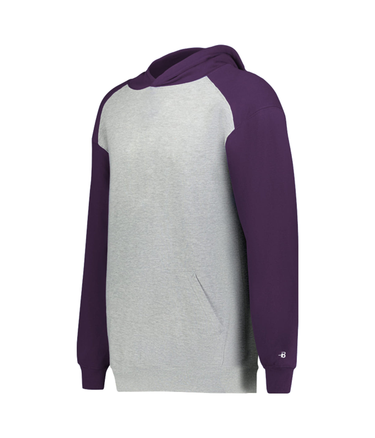 Hoodie with purple sleeves and gray body on a white background