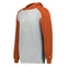 Hoodie with orange sleeves and gray body on a white background