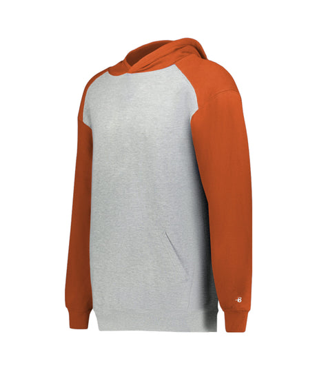 Hoodie with orange sleeves and gray body on a white background