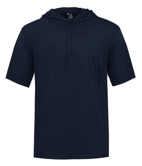 Navy blue hoodie with a front pocket on a white background